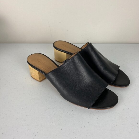 Madewell Devon Mule Sandals Womens 9 Black Leather Slip On Block Heel Open Toe - Picture 1 of 8